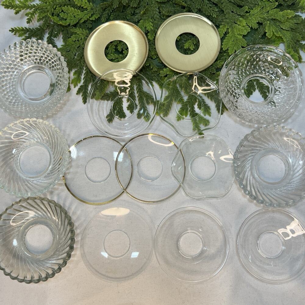 Vintage 15 Glass Bobeches Candle Ring Collars Drip Rings Fluted Metal Hobnail
